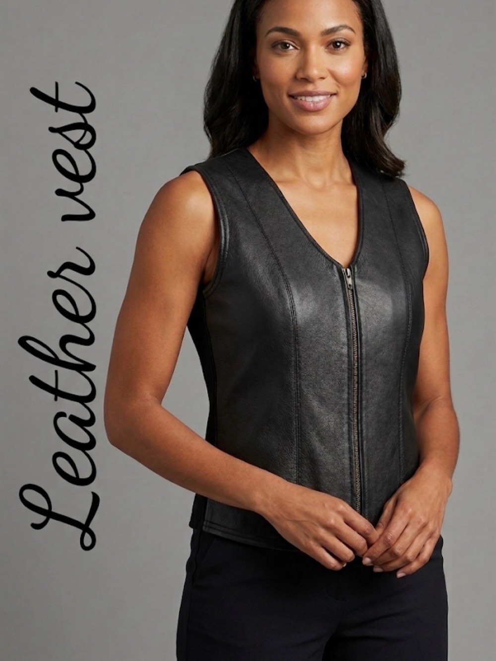 Vintage Chandler Hill Women's Size M Black Genuine Leather Ribbed Knit Vest